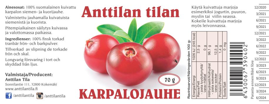 Karpalojauhe 70g etiketti