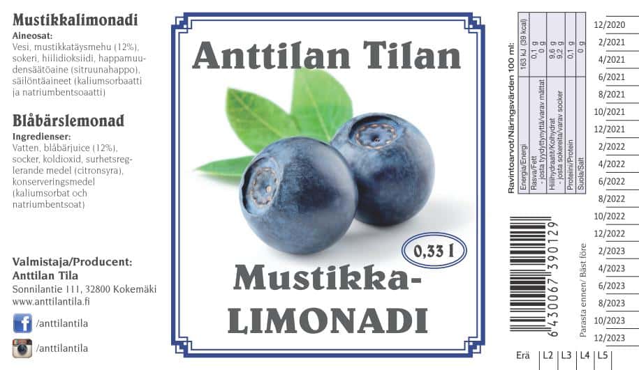 Mustikkalimonadi 0.33l etiketti