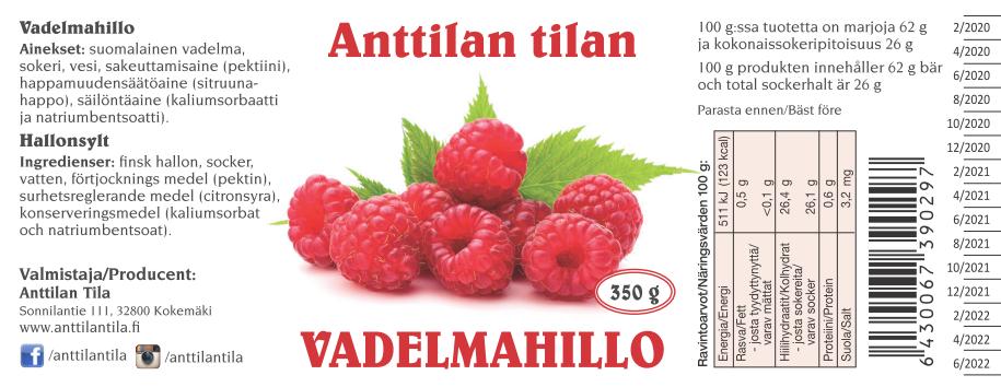 Vadelmahillo 350g etiketti